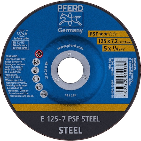 Pferd 60007 5in x 1/4in Grinding Wheel 7/8in AH A 24 R PSF- STEEL - Type 27 60007-PFERD